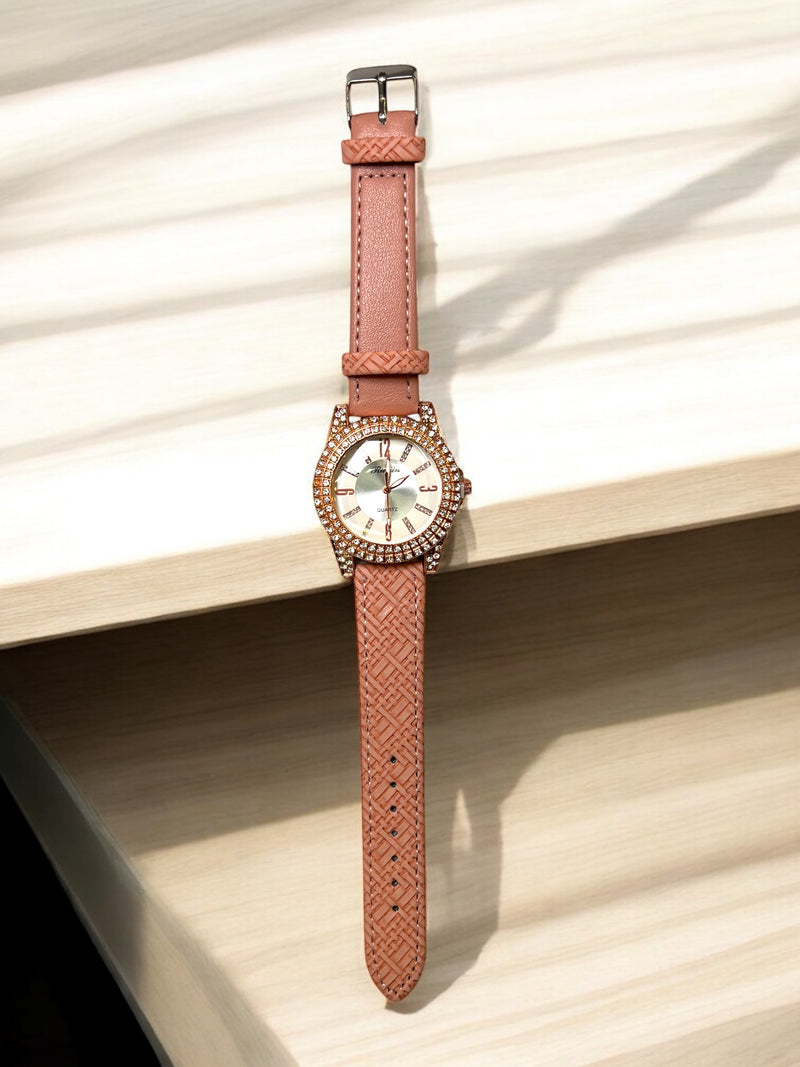Women’s Crystal Accent Watch – Textured Strap Edition