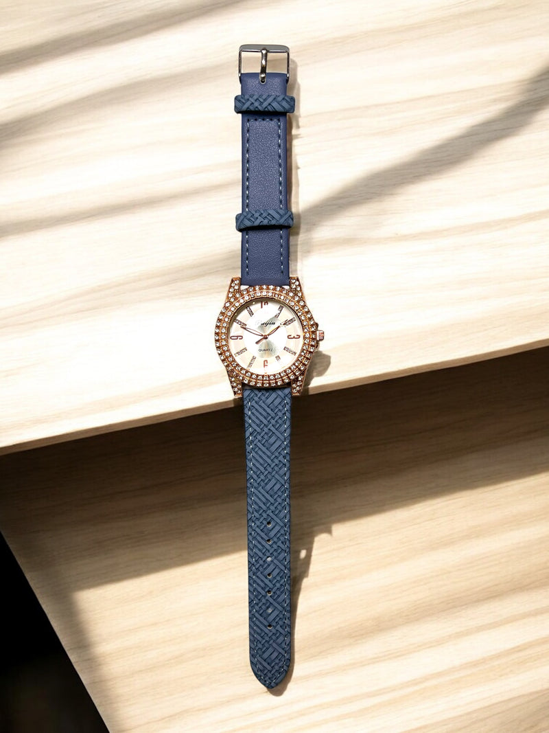 Women’s Crystal Accent Watch – Textured Strap Edition