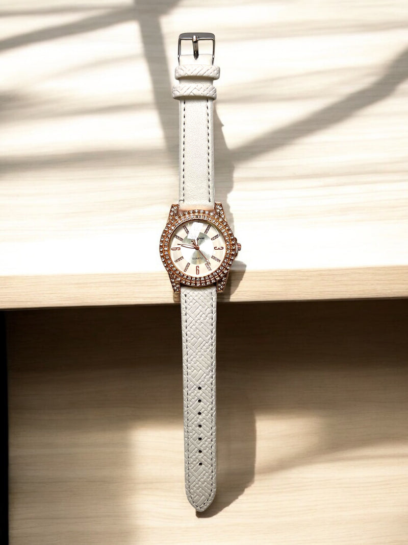 Women’s Crystal Accent Watch – Textured Strap Edition