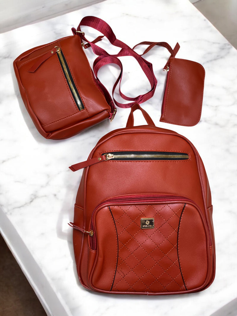Grenobil Terracotta 3-Piece Quilted Backpack Set A0885