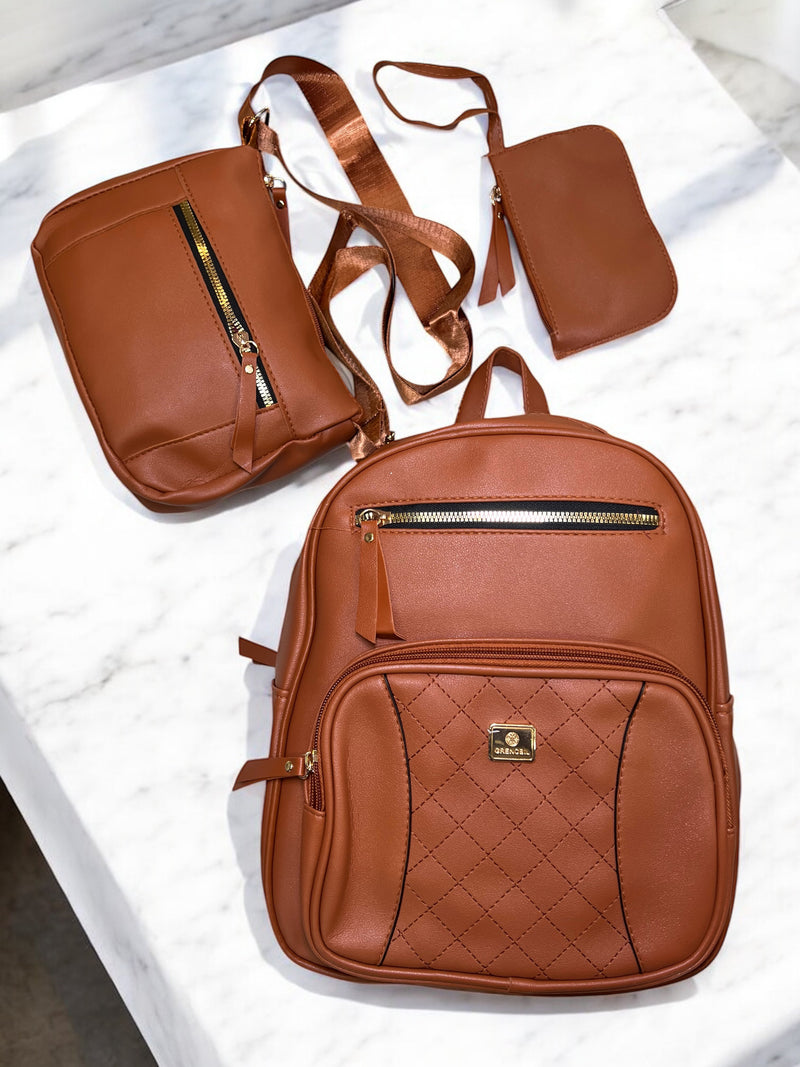 Grenobil Terracotta 3-Piece Quilted Backpack Set A0885