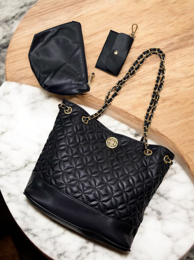 Grenobil Chocolate Quilted Tote Set with Chain Straps C-373Y