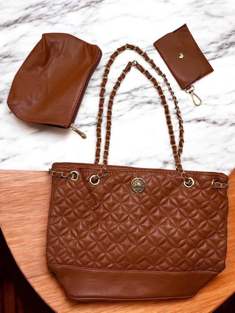 Grenobil Chocolate Quilted Tote Set with Chain Straps C-373Y