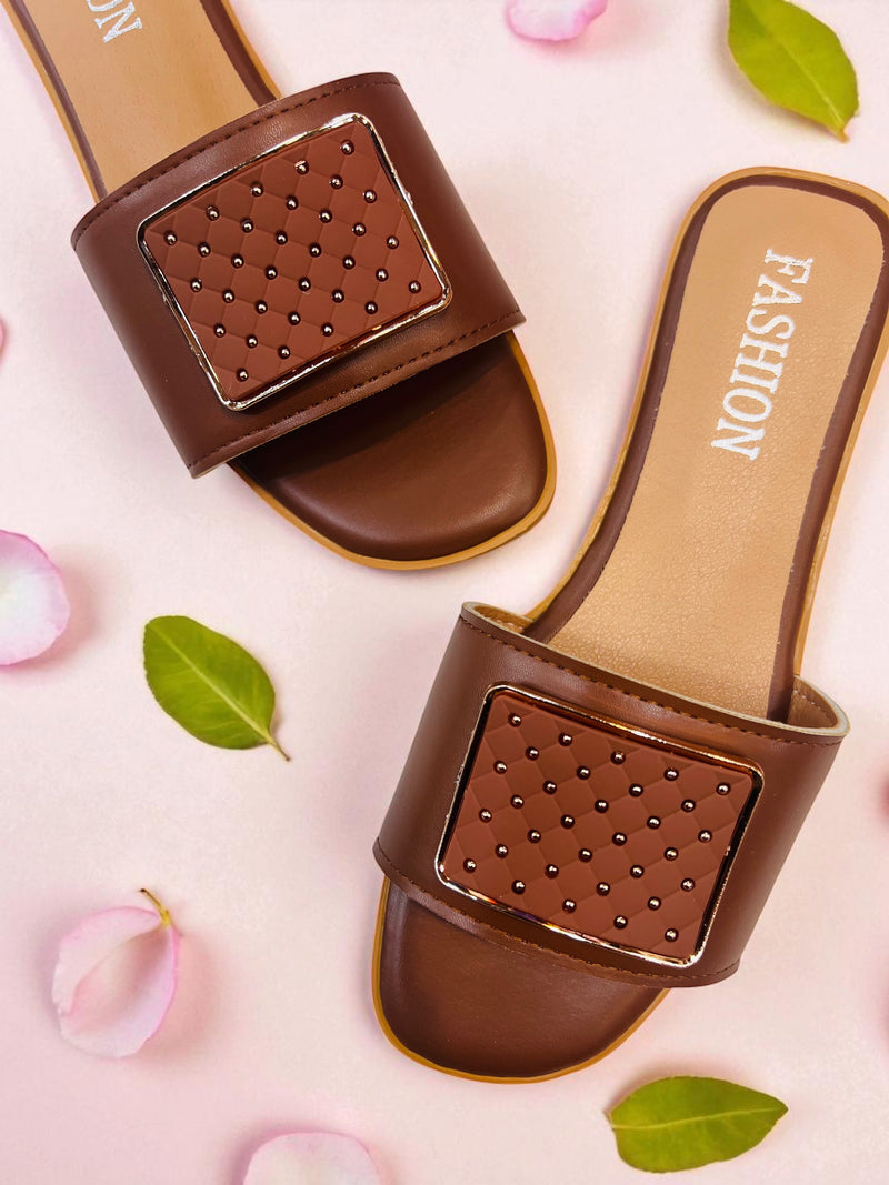 StudLuxe Caramel Quilted Slide Sandals 2502