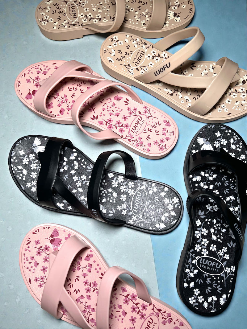 Luofu Blossom Breeze Sandals – Floral Strappy Comfort Slides F2322-E12