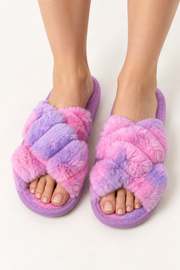 A-093 plush bedroom slippers in pink and lilac on a model