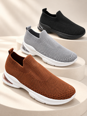 A3-2 knit slip-on sneakers in Khaki, Grey and Black on ivory platforms