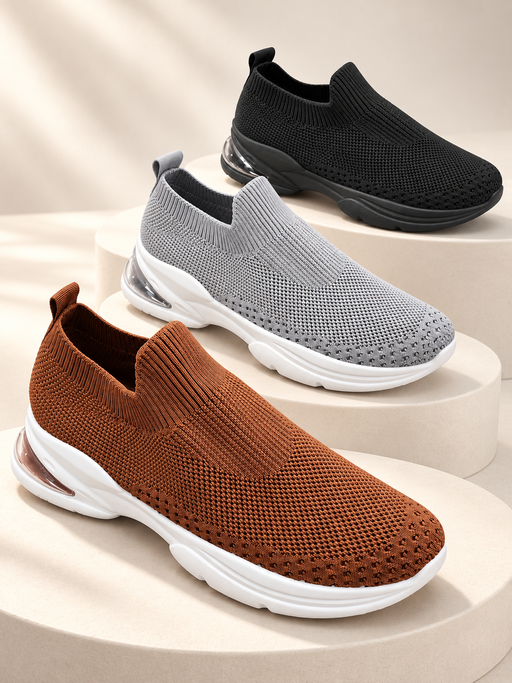 A3-2 knit slip-on sneakers in Khaki, Grey and Black on ivory platforms