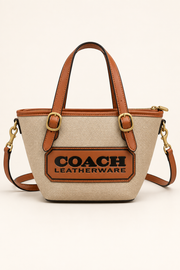 Beige and caramel Coach-branded replica Leatherware patch small tote bag with detachable strap