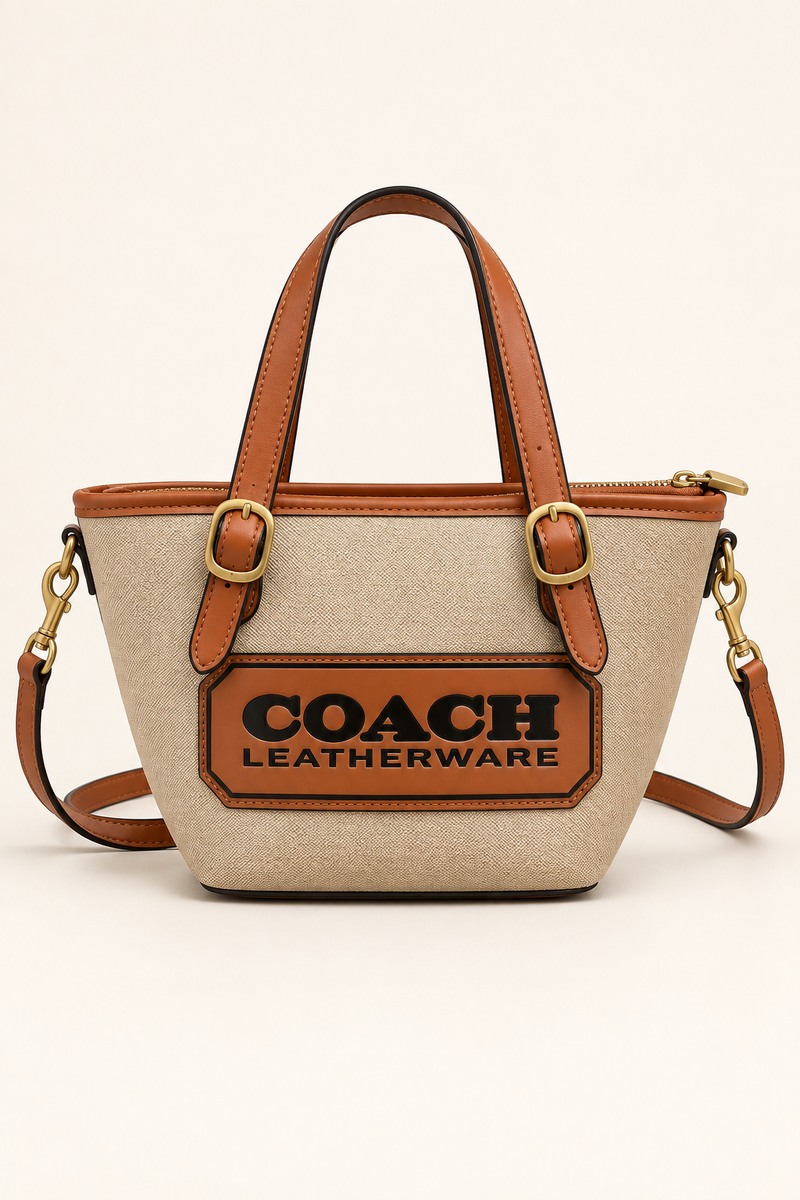 Beige and caramel Coach-branded replica Leatherware patch small tote bag with detachable strap
