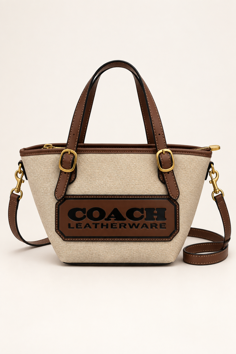 Beige and dark brown Coach-branded replica Leatherware patch small tote bag with detachable strap