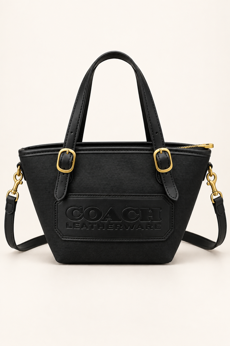 Black Coach-branded replica Leatherware patch small tote bag with detachable strap
