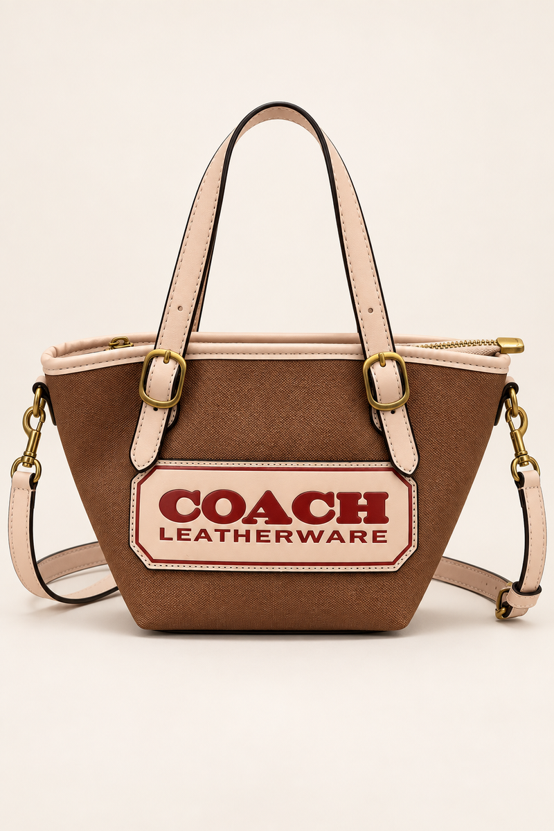 Brown and blush Coach-branded replica Leatherware patch small tote bag with detachable strap