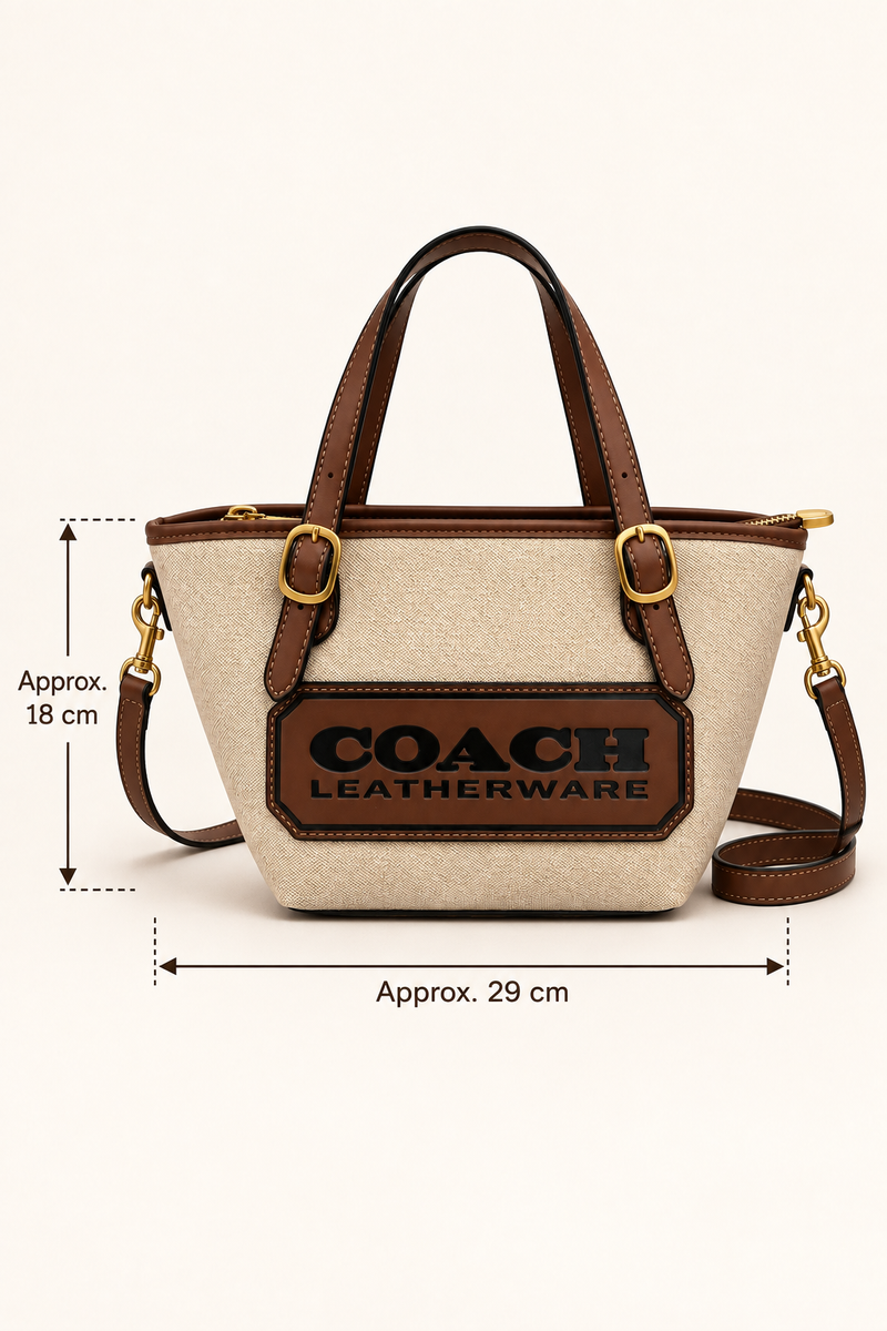 Coach-branded replica Leatherware patch small tote bag showing approximate 29 cm width and 18 cm body height