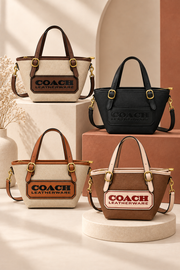 Coach-branded replica Leatherware patch small tote bags in Beige and Dark Brown, Black, Beige and Caramel, and Brown and Blush
