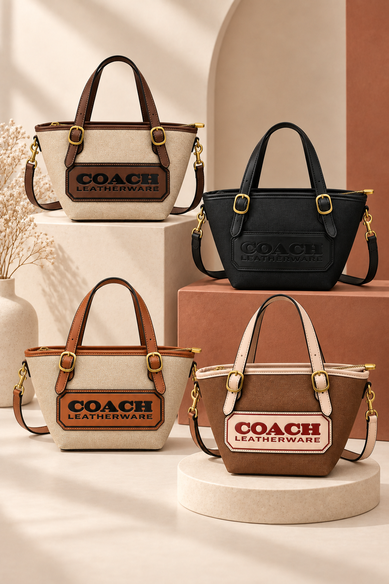 Coach-branded replica Leatherware patch small tote bags in Beige and Dark Brown, Black, Beige and Caramel, and Brown and Blush