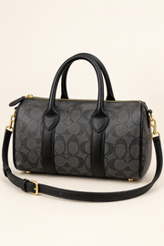 Coach monogram mini barrel bag in Charcoal Monogram with Black Trim