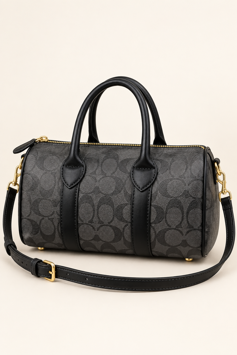 Coach monogram mini barrel bag in Charcoal Monogram with Black Trim