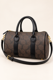 Coach monogram mini barrel bag in Dark Brown Monogram with Black Trim