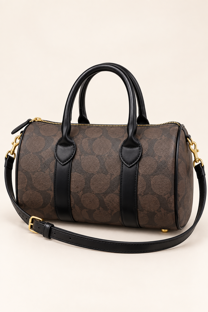 Coach monogram mini barrel bag in Dark Brown Monogram with Black Trim