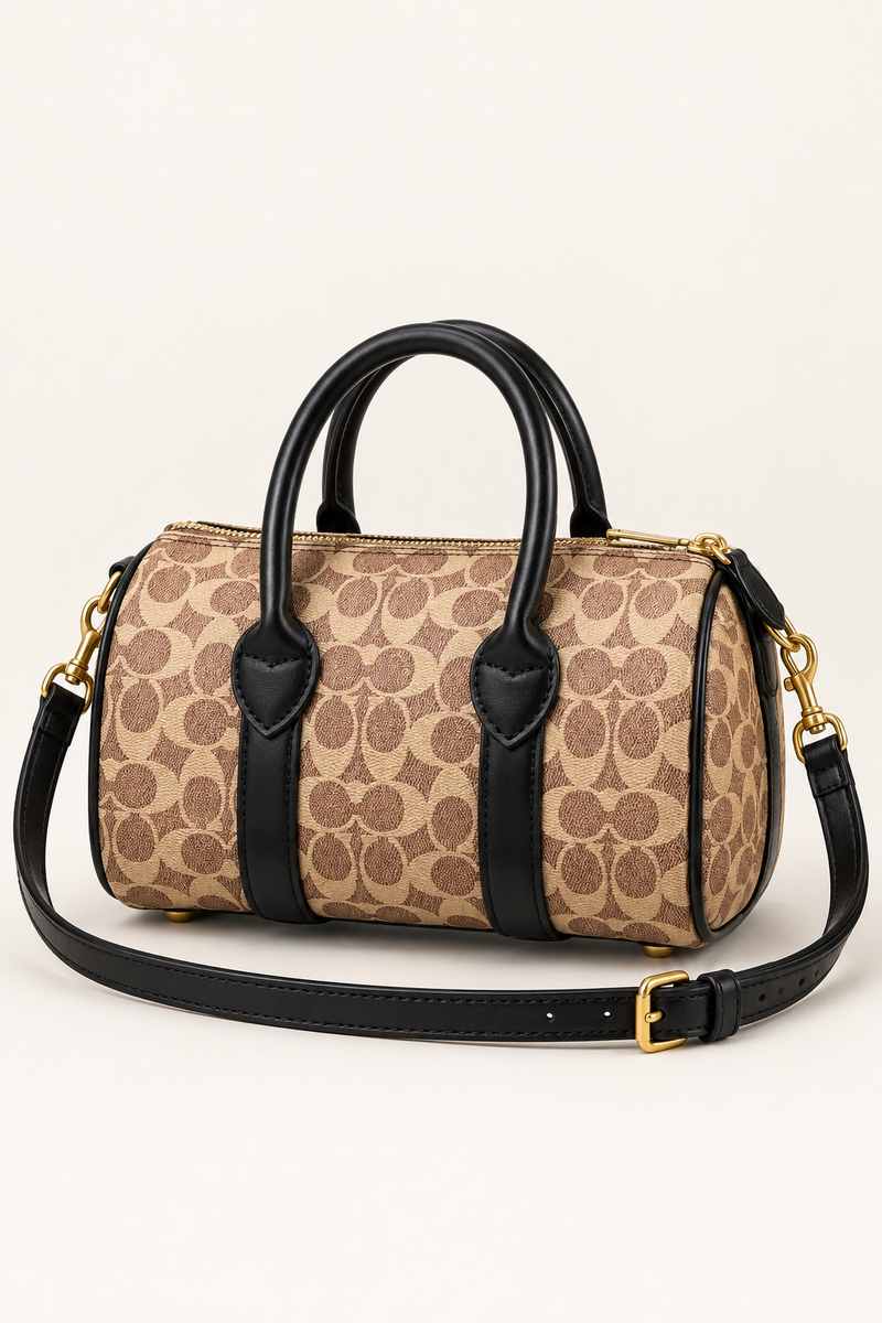 Coach monogram mini barrel bag in Tan Monogram with Black Trim