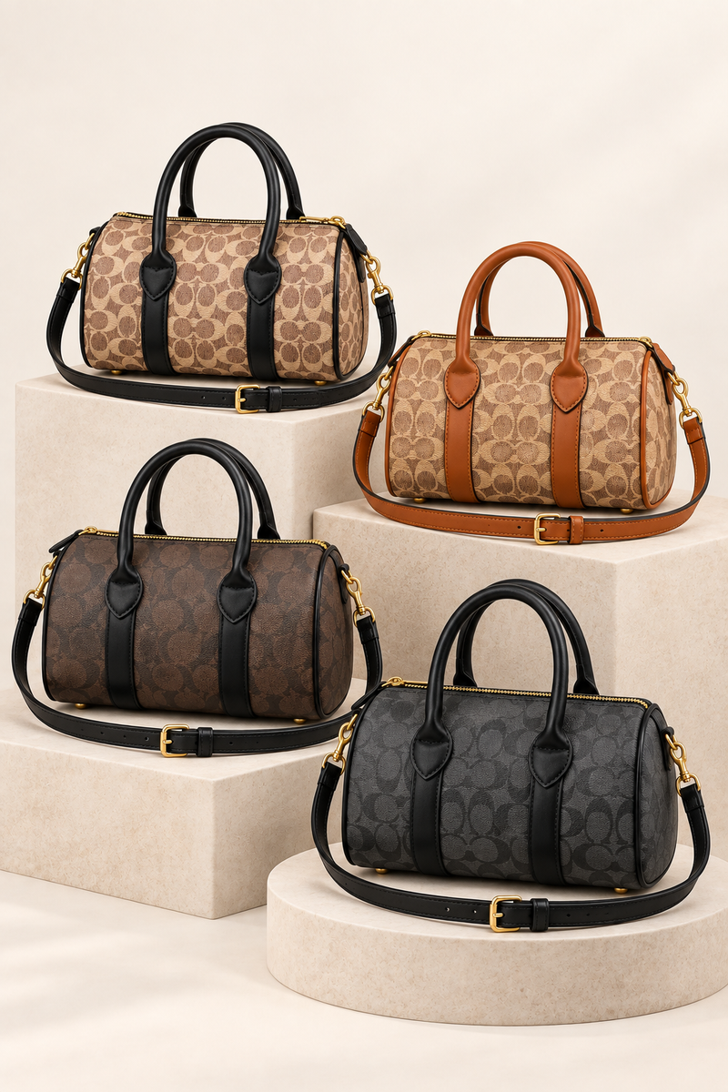 Coach monogram mini barrel bags in all four colours