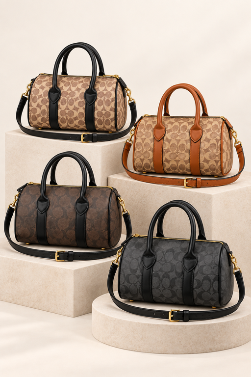 Coach monogram mini barrel bags in all four colours