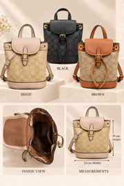 Brown, black and beige Coach-branded replica monogram mini bucket backpacks with interior and approximate measurements