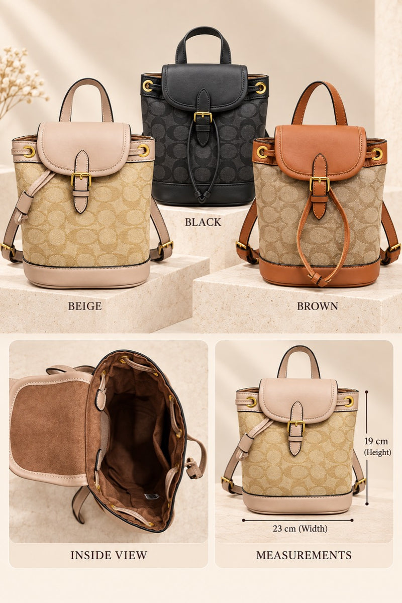 Brown, black and beige Coach-branded replica monogram mini bucket backpacks with interior and approximate measurements