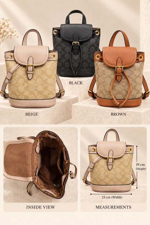 Brown, black and beige Coach-branded replica monogram mini bucket backpacks with interior and approximate measurements