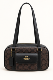 Coach monogram rounded shoulder bag in Dark Brown with Black Trim