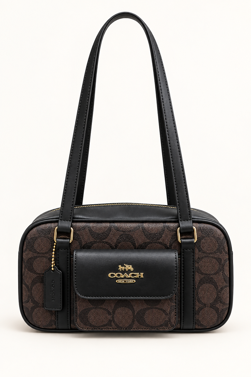 Coach monogram rounded shoulder bag in Dark Brown with Black Trim