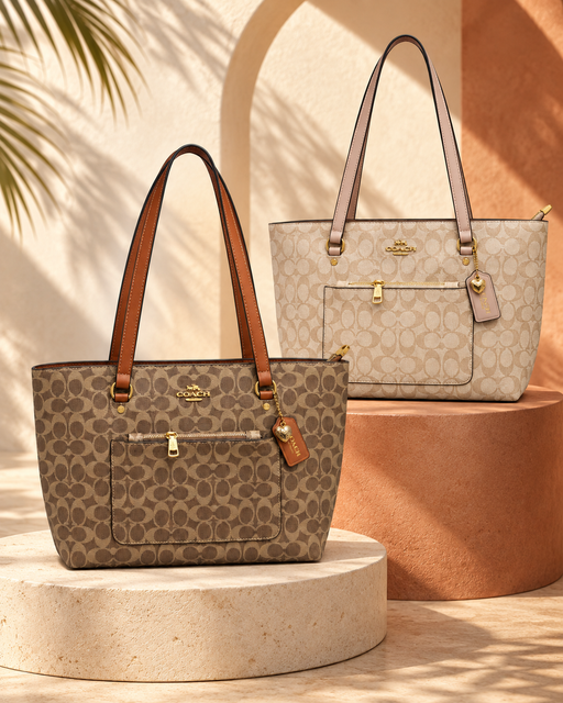 Brown and beige Coach-branded replica monogram everyday tote bags displayed on cream and terracotta pedestals
