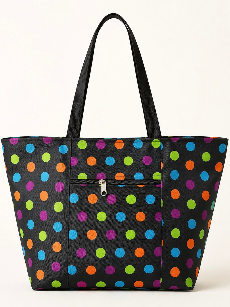 DotPop large black tote bag with colourful polka dots and front zip pocket