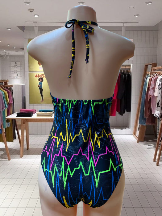 Volaré Fashion Rave Heart Beat Print Cut Out Reflective Halter Neck Backless Bodysuit