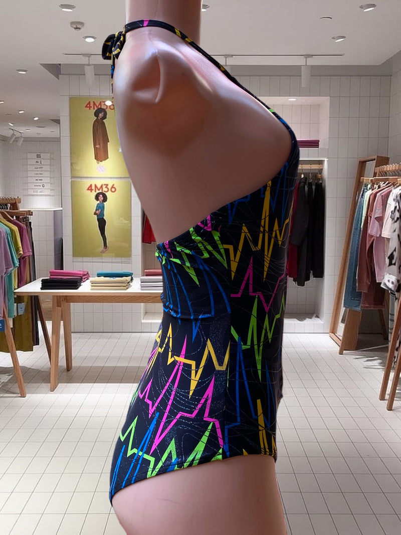 Volaré Fashion Rave Heart Beat Print Cut Out Reflective Halter Neck Backless Bodysuit