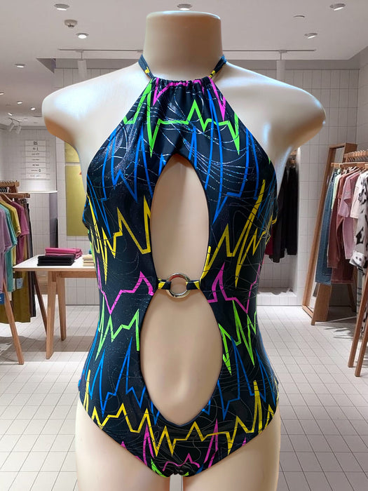 Volaré Fashion Rave Heart Beat Print Cut Out Reflective Halter Neck Backless Bodysuit