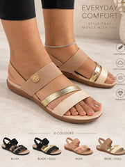 Modare 7125.233 beige and gold comfort sandal on foot with four-colour options