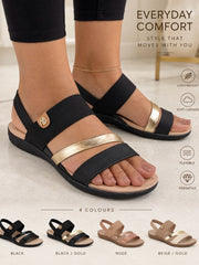 Modare 7125.233 black and gold comfort sandal on foot with four-colour options