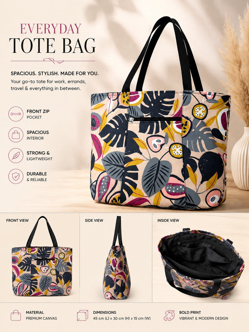 Medium Everyday Utility Tote Bag SB-46 in Beige Tropical Print