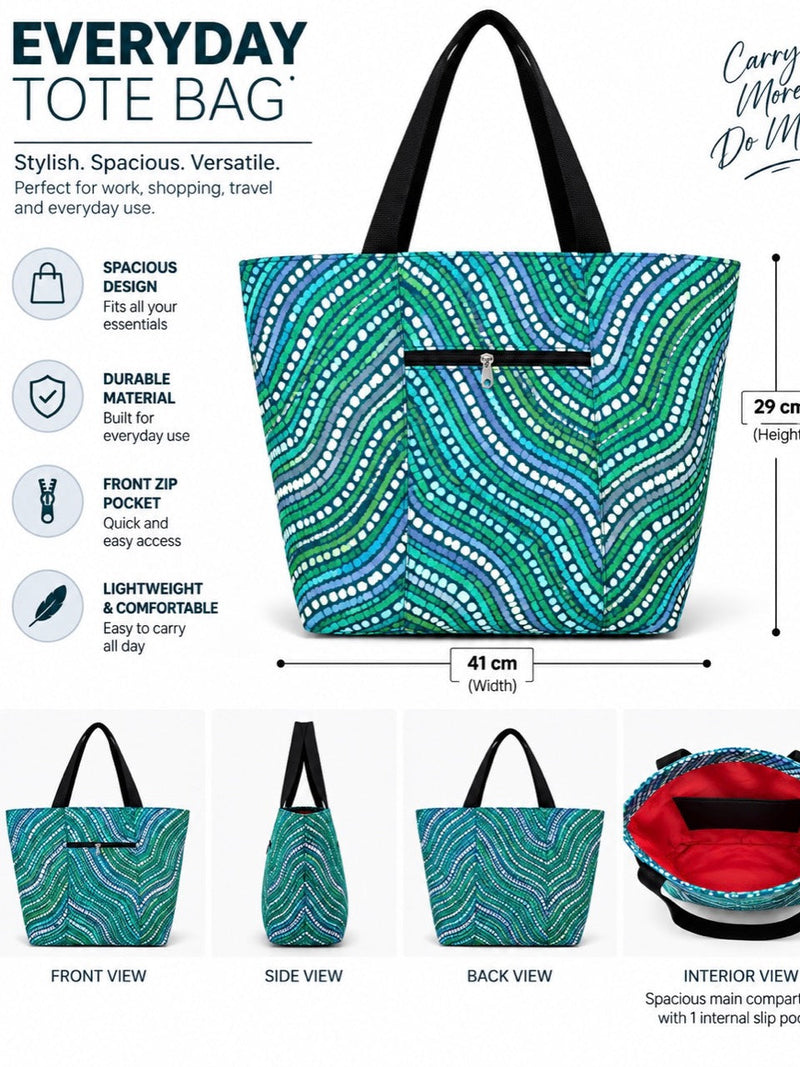 Medium Everyday Utility Tote Bag SB-46 in Teal Wave Print
