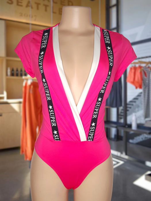 Ladies Fluorescent Solid Color Short Sleeve One Piece Swimsuit Bikini Set